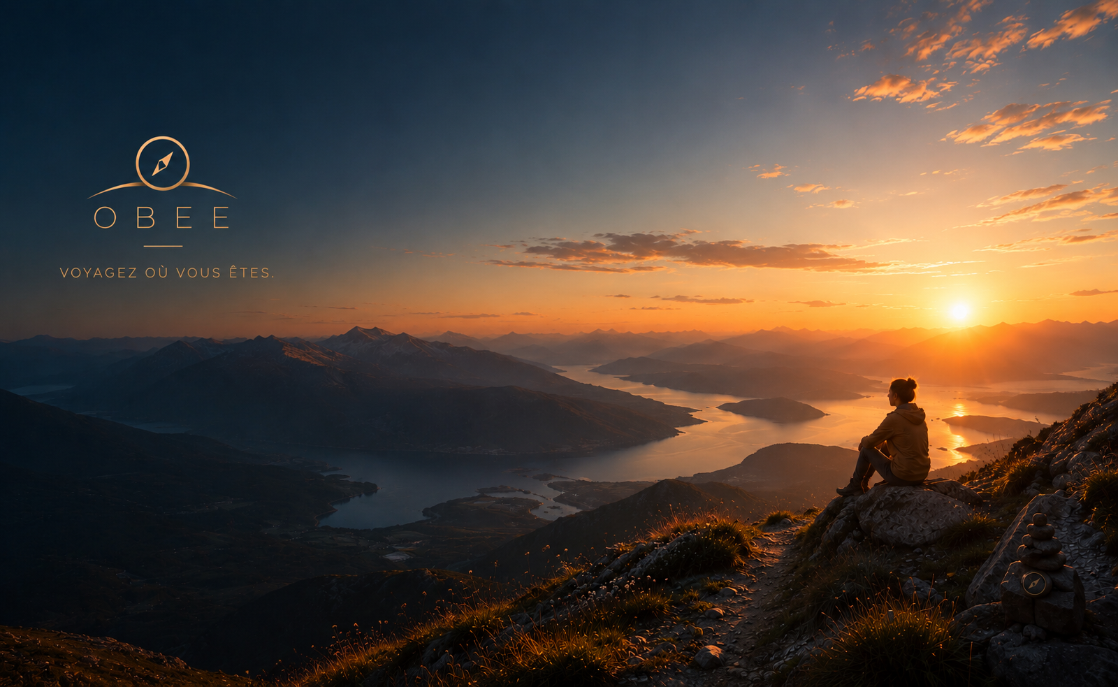 Vue sur des montagnes et un lac au coucher du soleil