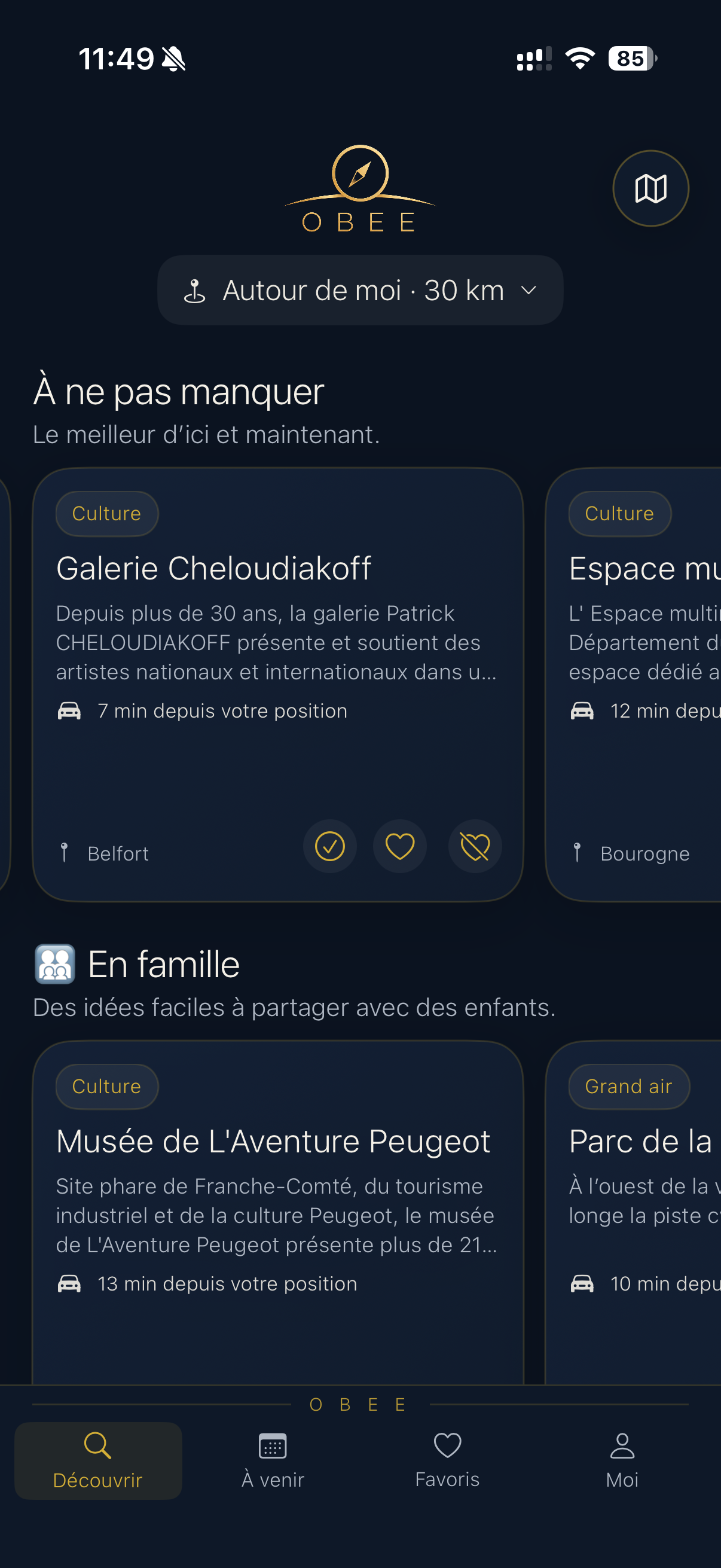 Écran Découvrir réel de l’application Obee