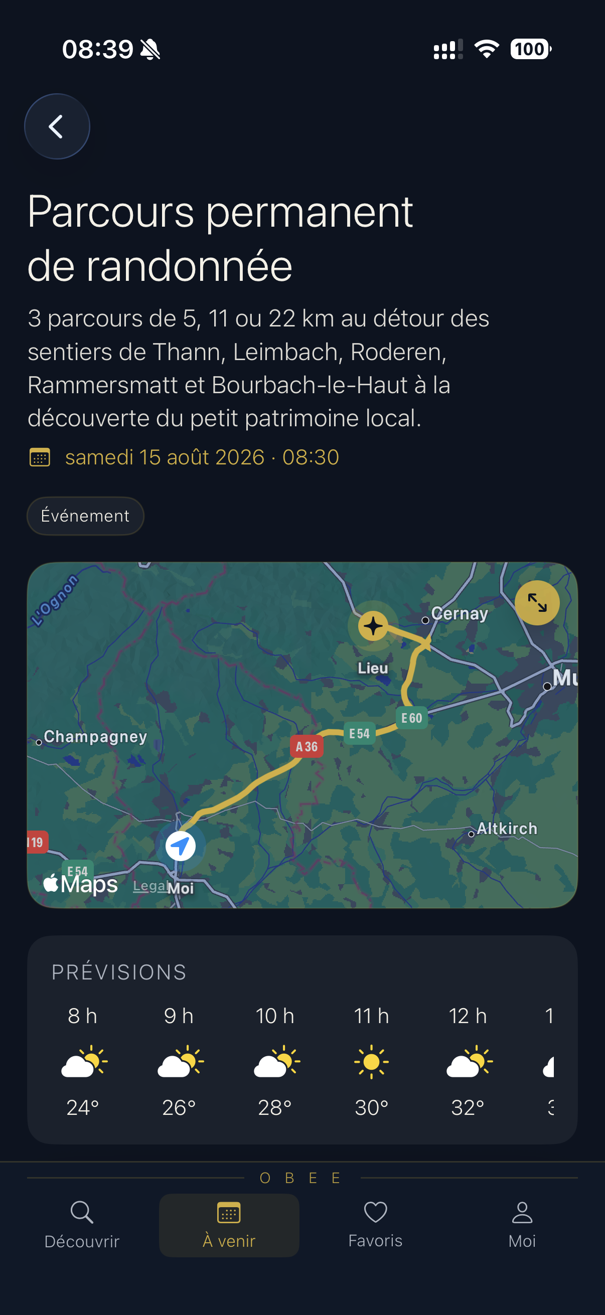 Écran de détail événement réel de l’application Obee