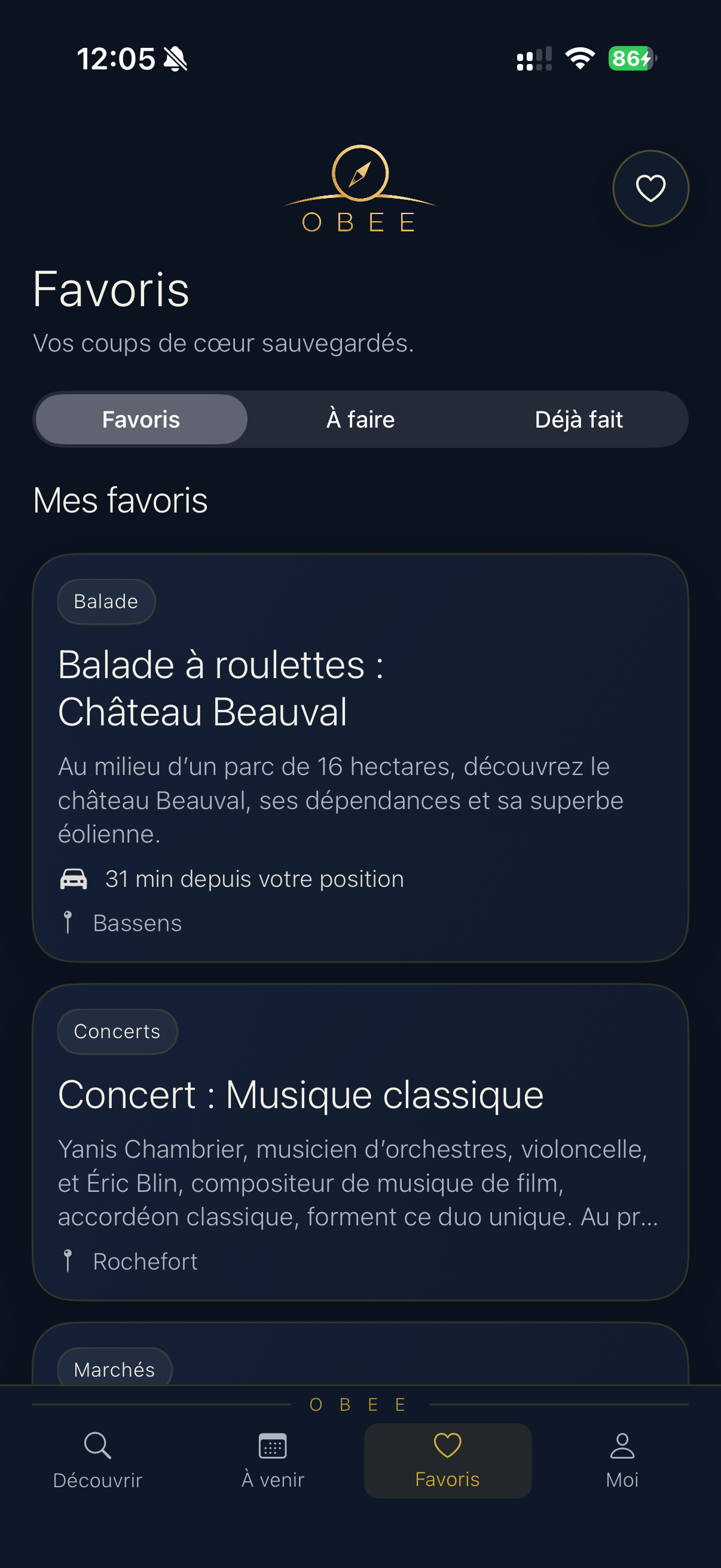 Écran Favoris réel de l’application Obee