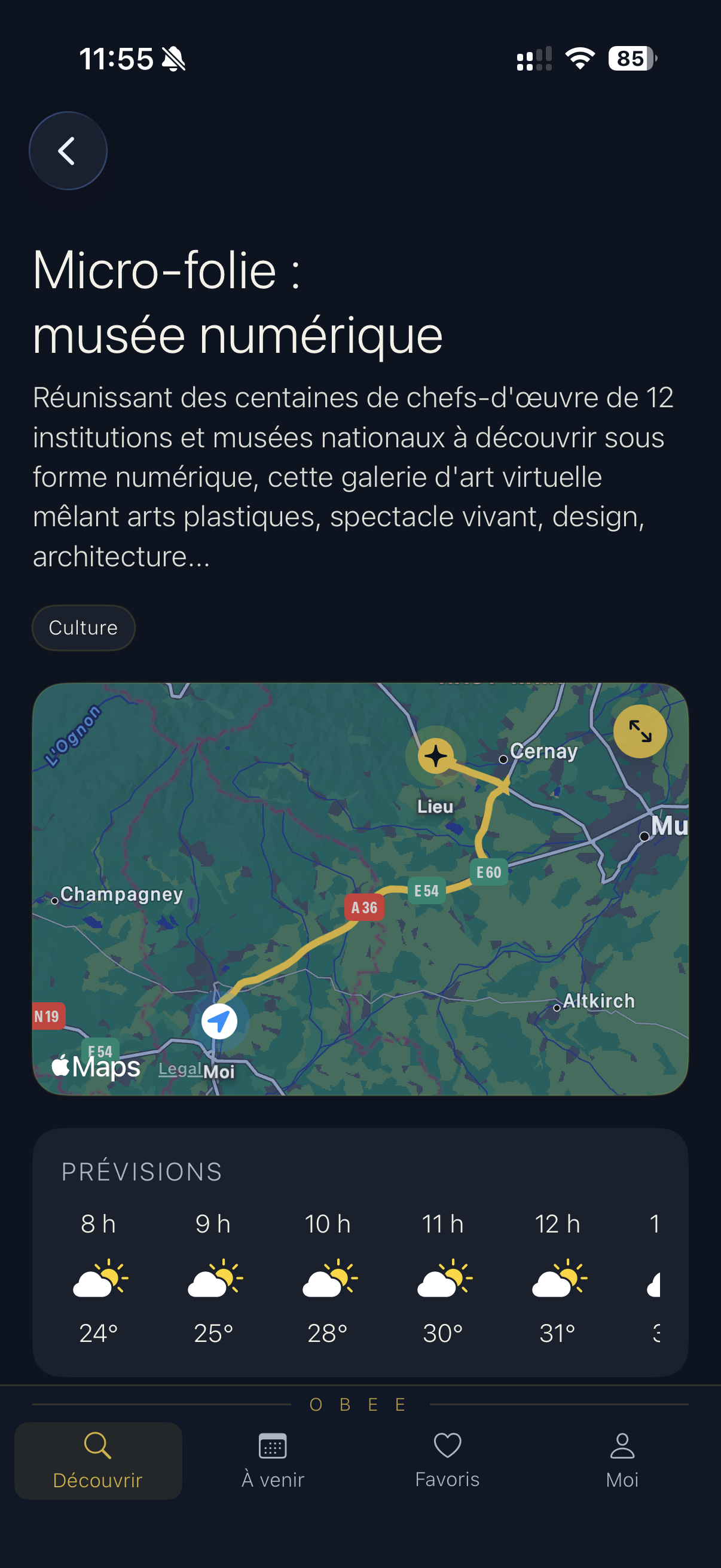 Écran de détail lieu réel de l’application Obee