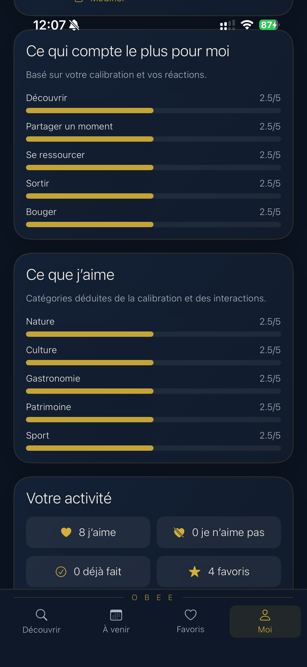 Écran de personnalisation réel de l’application Obee