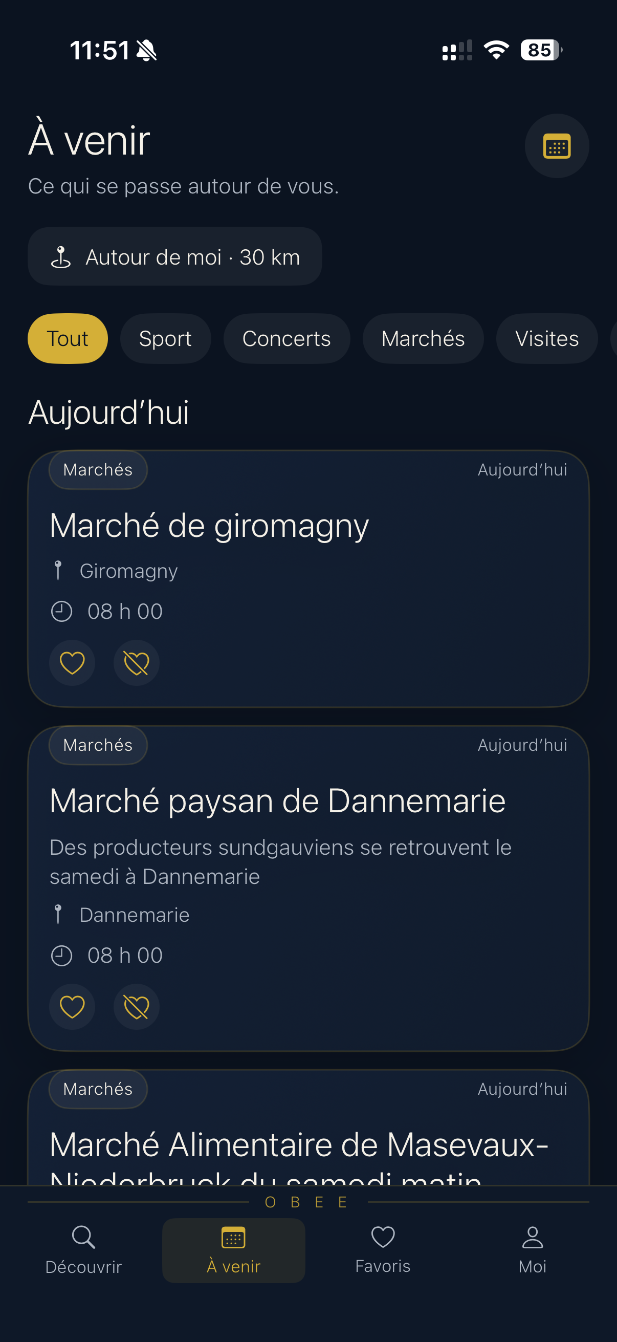 Écran À venir réel de l’application Obee